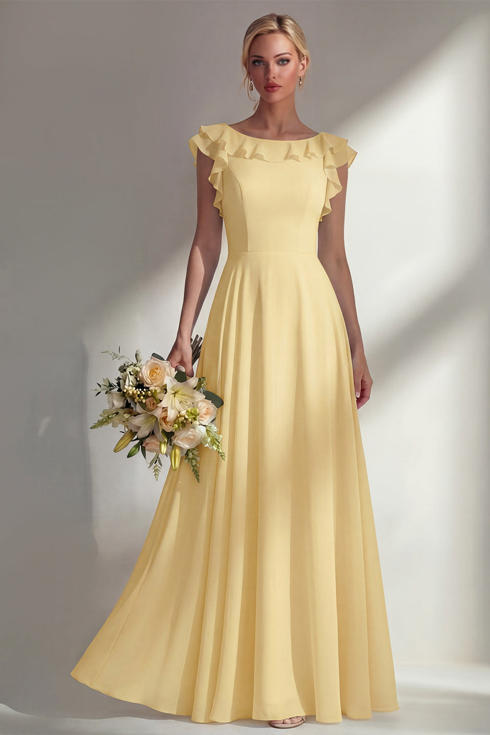 Boat Neck A Line Dusty Blue Long Beach Bridesmaid Dress with Ruffles