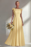 Boat Neck A Line Dusty Blue Long Beach Bridesmaid Dress with Ruffles