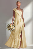 Emerald One shoulder A Line Ruffled Long Beach Bridesmaid Dress with Slit
