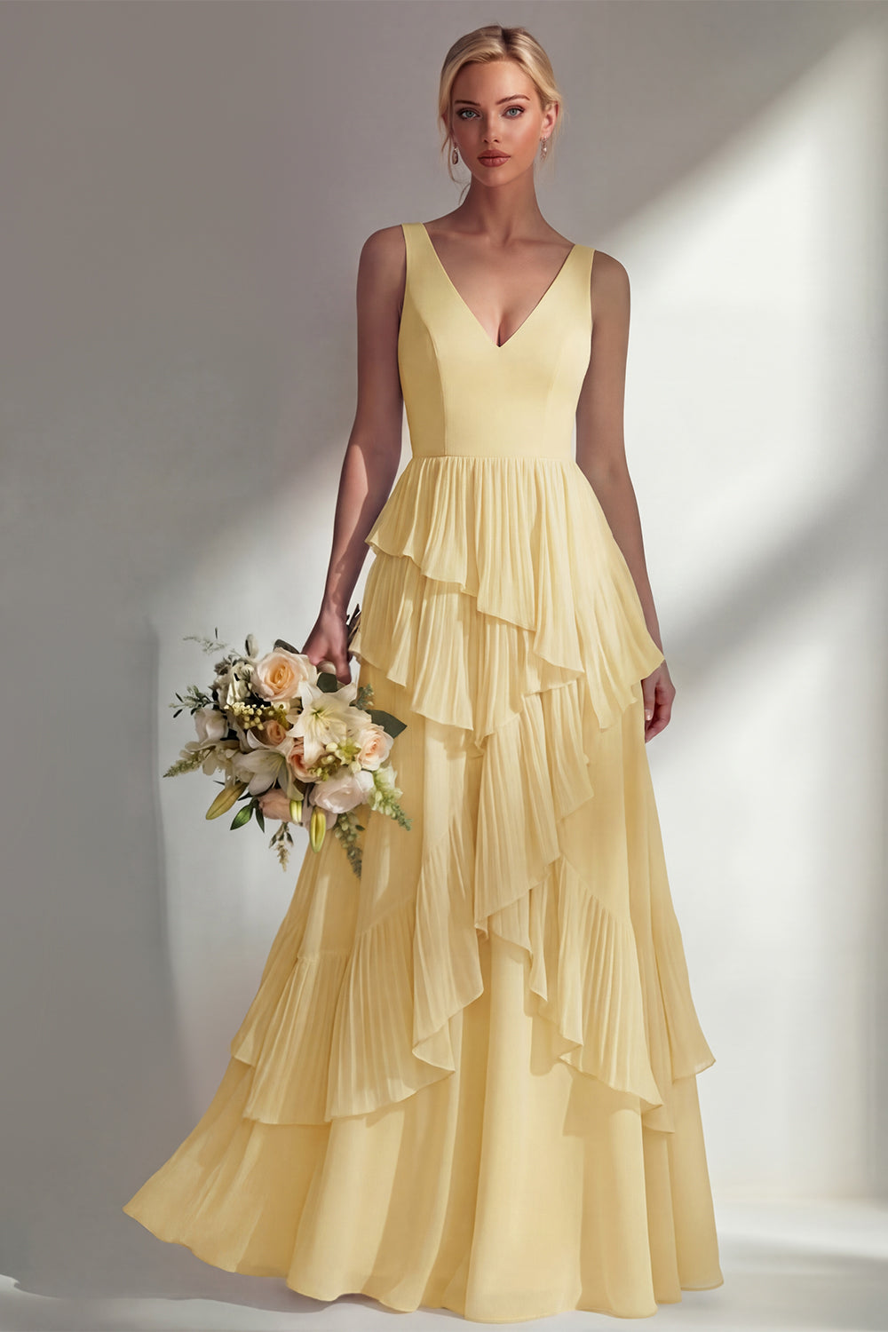 V-Neck A Line Light Pink Long Beach Bridesmaid Dress with Ruffles