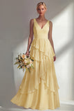 V-Neck A Line Light Pink Long Beach Bridesmaid Dress with Ruffles