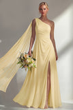 One Shoulder Ruched Burgundy A Line Long Beach Bridesmaid Dress with Side Cape