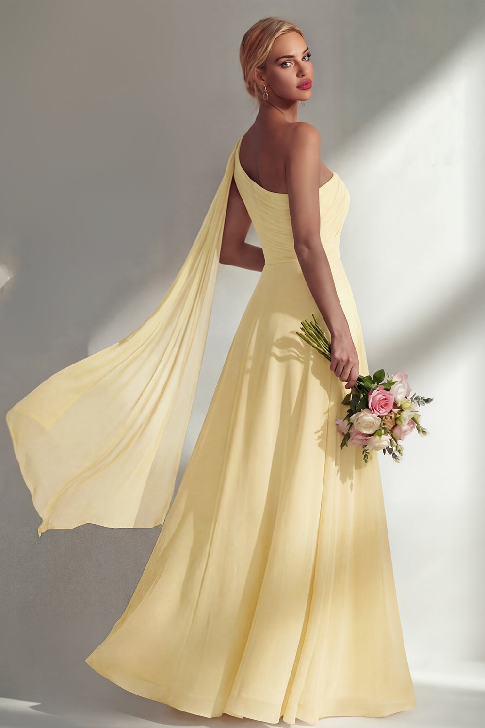One Shoulder Ruched Burgundy A Line Long Beach Bridesmaid Dress with Side Cape