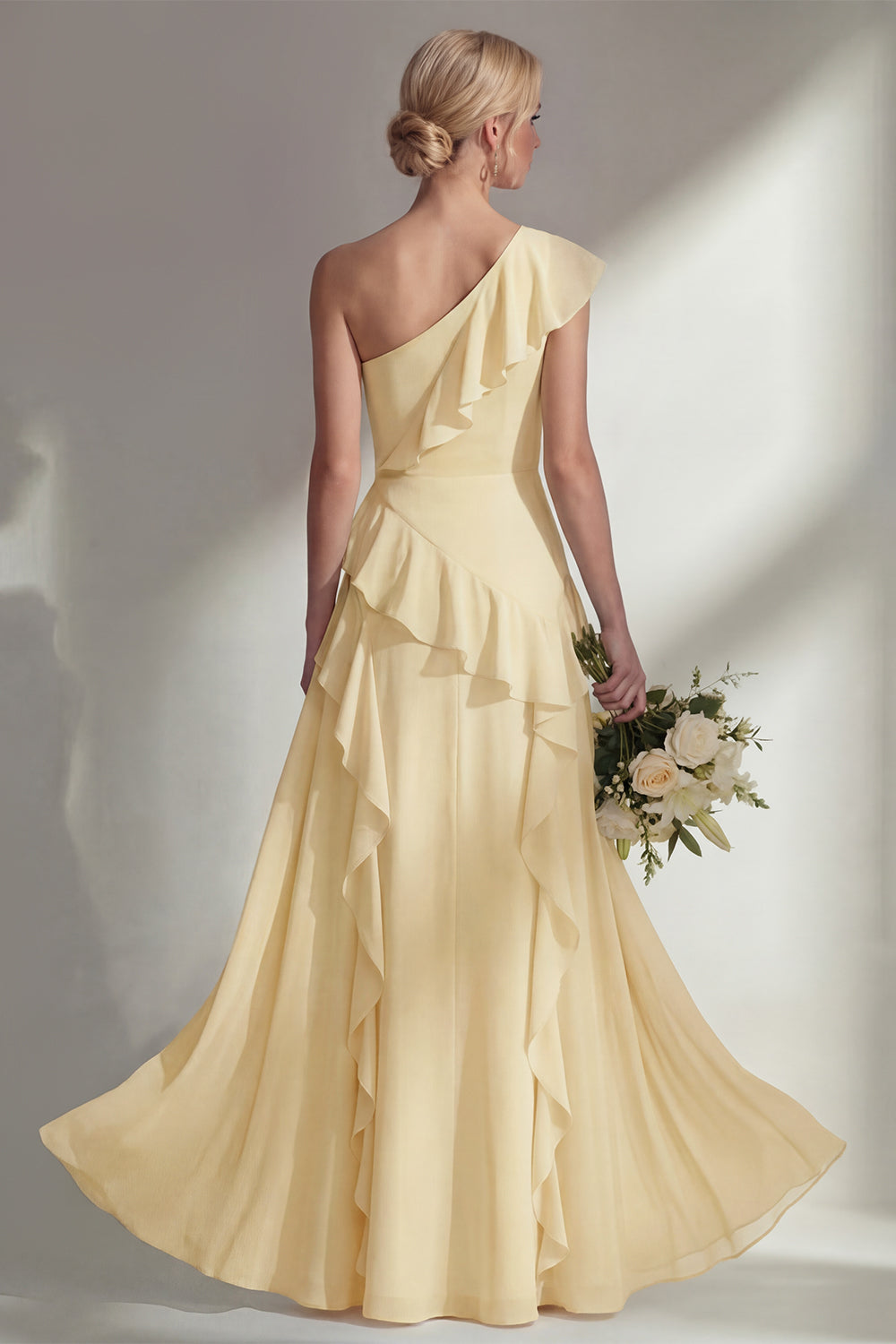 Emerald One shoulder A Line Ruffled Long Beach Bridesmaid Dress with Slit