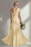 Emerald One shoulder A Line Ruffled Long Beach Bridesmaid Dress with Slit