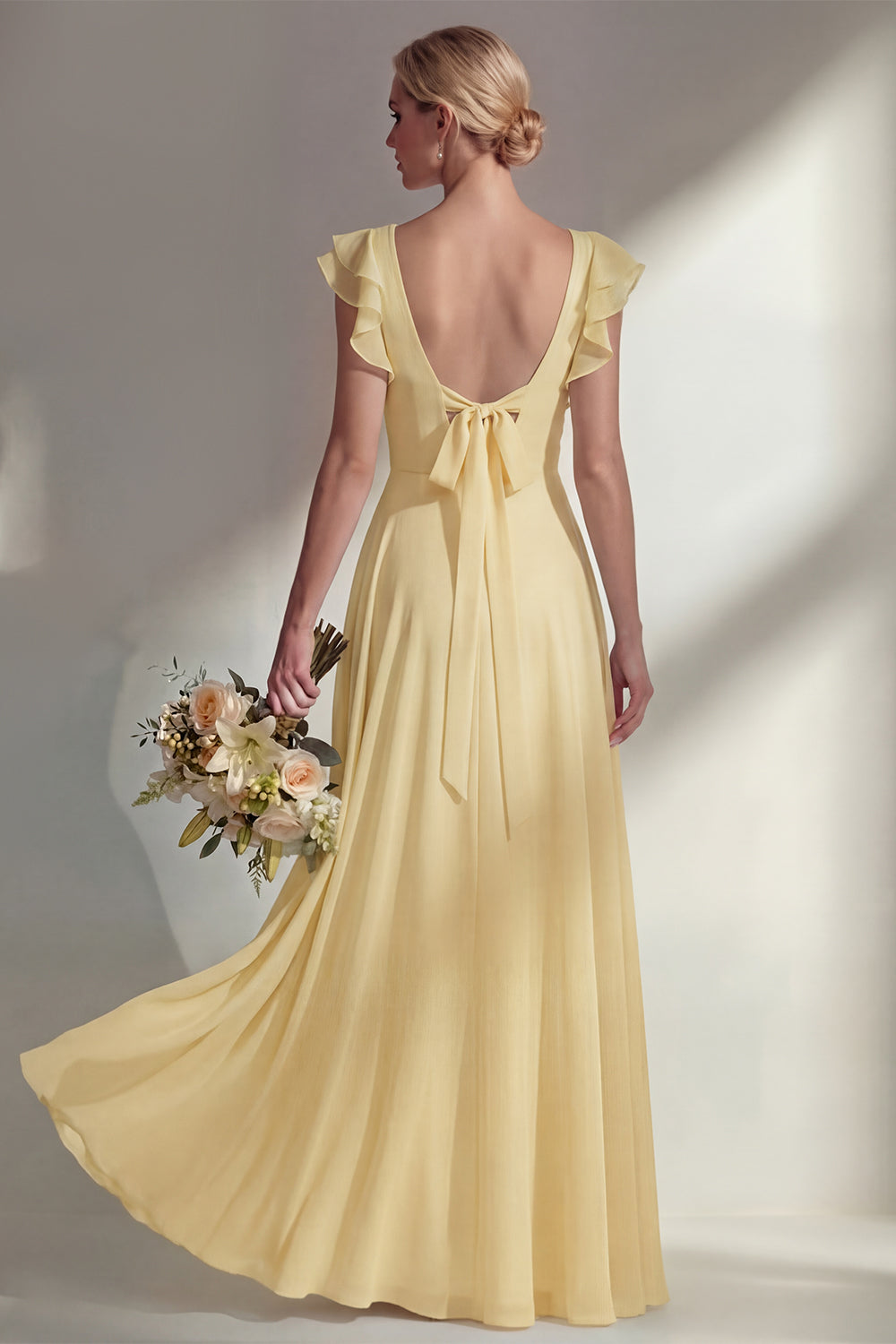 Boat Neck A Line Dusty Blue Long Beach Bridesmaid Dress with Ruffles
