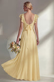 Boat Neck A Line Dusty Blue Long Beach Bridesmaid Dress with Ruffles