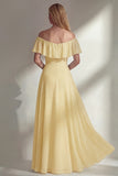 Off the Shoulder A Line Ruffled Sage Green Long Beach Bridesmaid Dress with Slit