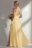 A Line High Neck Ruffled Butter Yellow Long Beach Bridesmaid Dress with Slit