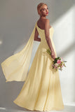 One Shoulder Ruched Burgundy A Line Long Beach Bridesmaid Dress with Side Cape