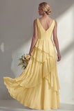 V-Neck A Line Light Pink Long Beach Bridesmaid Dress with Ruffles