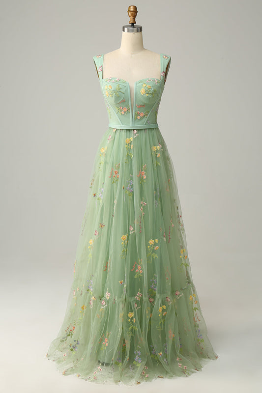 A Line Green Tulle Floral Prom Dress