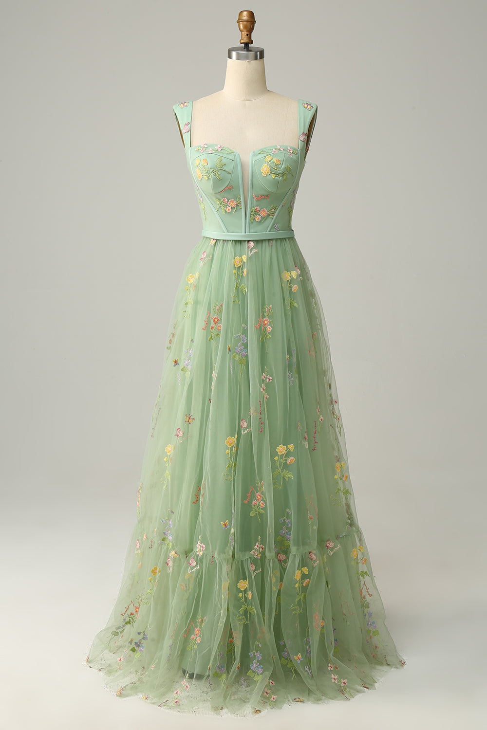 A Line Champagne Tulle Floral Prom Dress