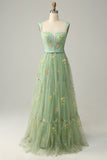 A Line Champagne Tulle Floral Prom Dress