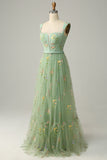 A Line Champagne Tulle Floral Prom Dress