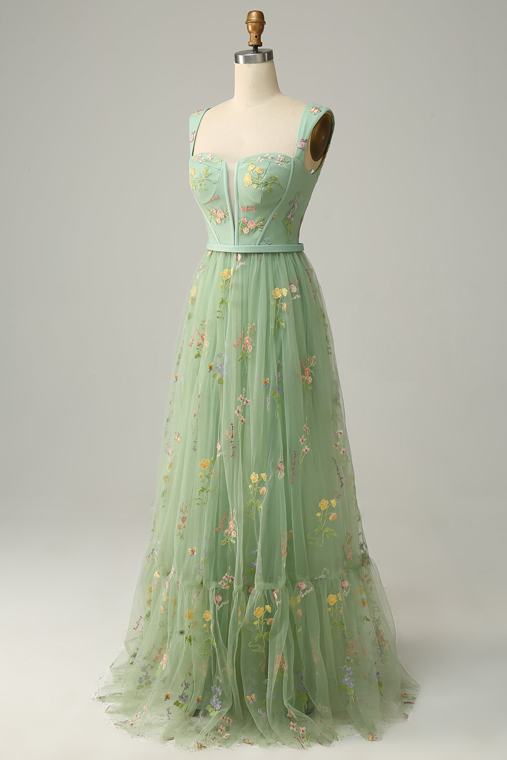 green floral tulle dress Sage Green Embroidery Flower Tulle Maxi Homecoming Dress