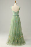 A Line Champagne Tulle Floral Prom Dress