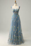 A Line Champagne Tulle Floral Prom Dress