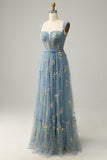 A Line Green Tulle Floral Prom Dress