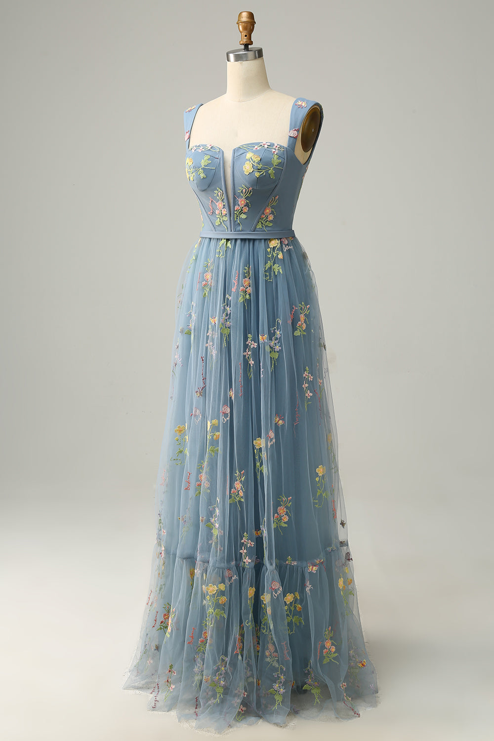 A Line Champagne Tulle Floral Prom Dress