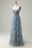 A Line Champagne Tulle Floral Prom Dress