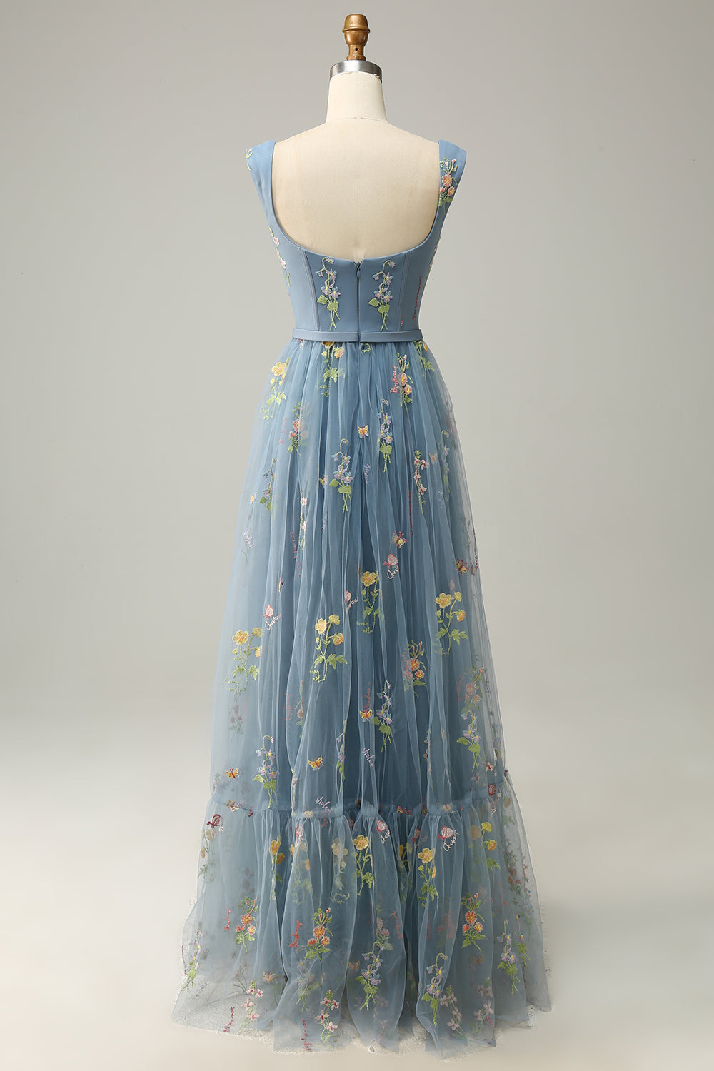 A Line Champagne Tulle Floral Prom Dress