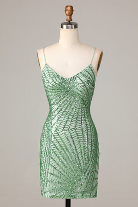 Sparkly Bodycon Spaghetti Straps Green Sequins Short Homecoming Dress