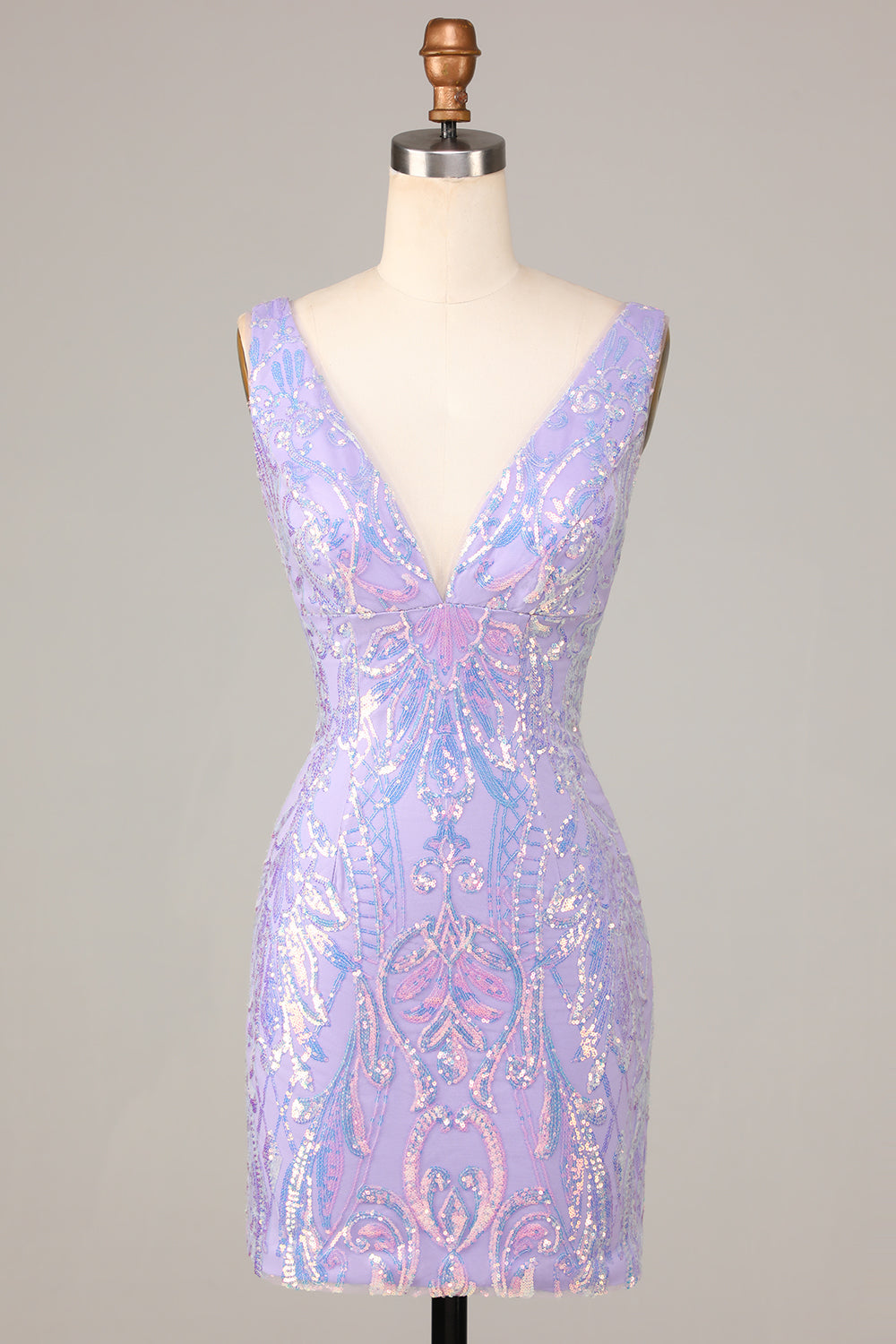 Sparkly Lilac Sequins Beaded V neck Bodycon Short Homecoming Dress