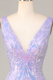 Sparkly Lilac Sequins Beaded V neck Bodycon Short Homecoming Dress