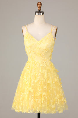 Yellow V Neck Tulle Backless Short Homecoming Dress With Appliques