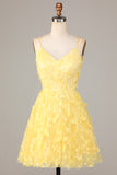 Yellow V Neck Tulle Backless Short Homecoming Dress With Appliques