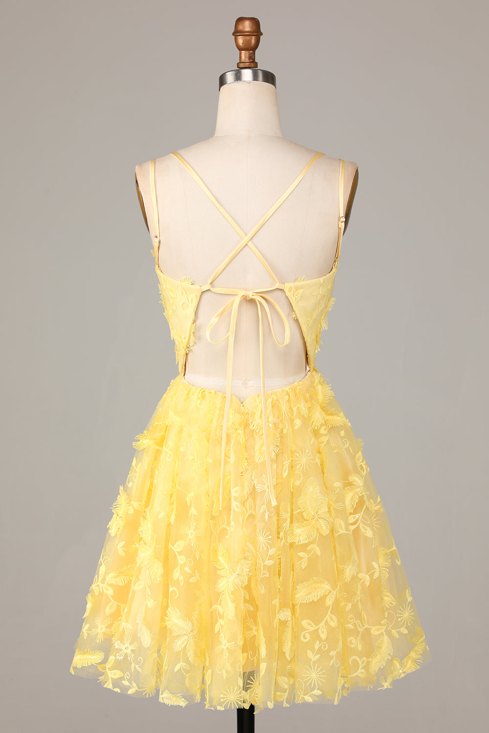 Yellow V Neck Tulle Backless Short Homecoming Dress With Appliques