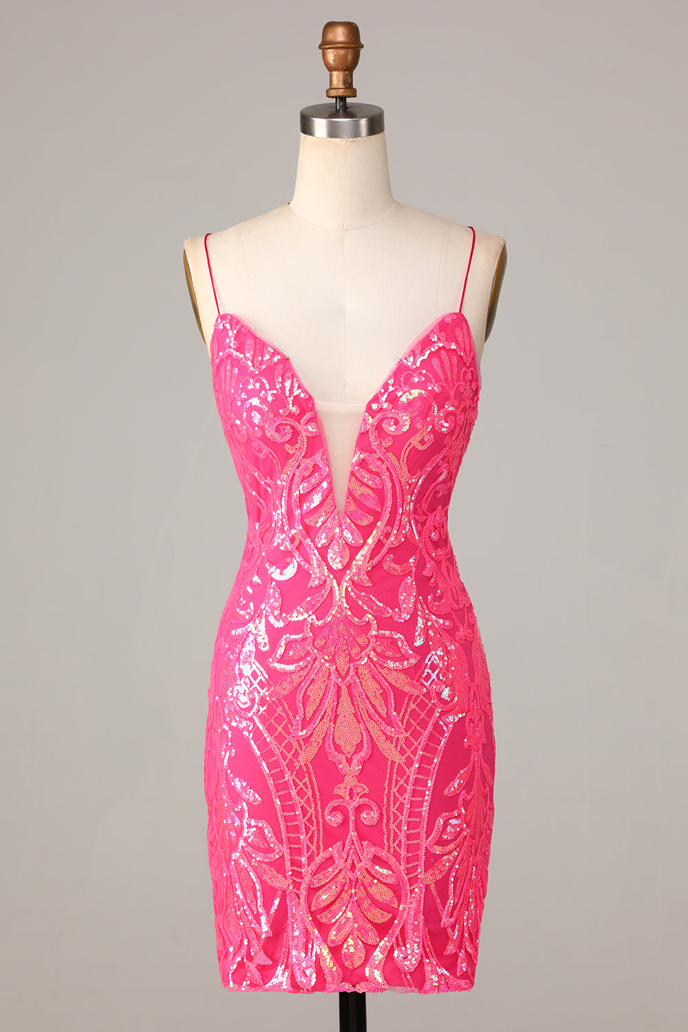 Spaghetti Straps Fuchsia Tight Short Homecoming Dress with Criss Cross Back