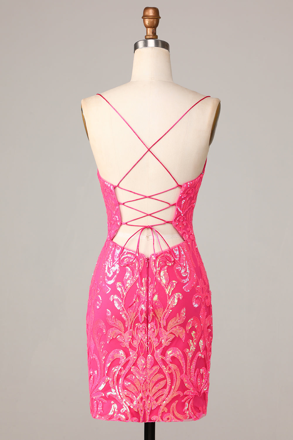 Spaghetti Straps Fuchsia Tight Short Homecoming Dress with Criss Cross Back