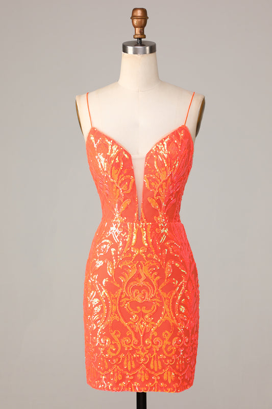 Orange Spaghetti Straps Tight Homecoming Dress with Backless