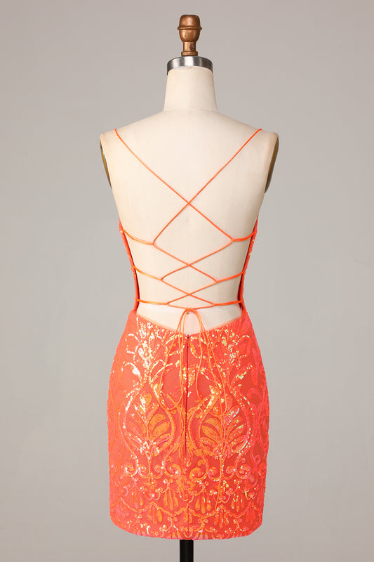 Orange Spaghetti Straps Tight Homecoming Dress with Backless