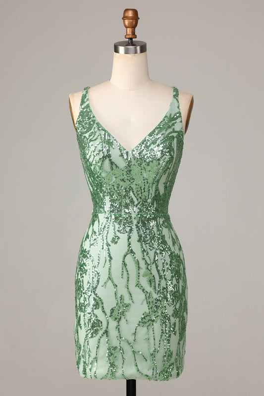 Bodycon Spaghetti Straps Green Sequins Short Homecoming Dress with Cross Back