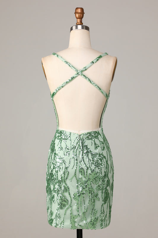 Bodycon Spaghetti Straps Green Sequins Short Homecoming Dress with Cross Back