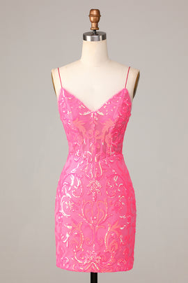 Spaghetti Straps Fuchsia Tight Short Homecoming Dress