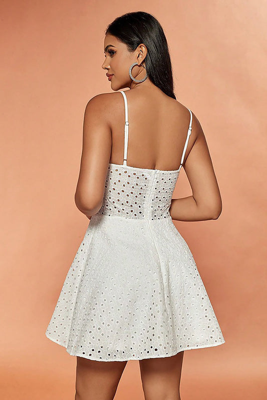 White A-Line Spaghetti Straps Short Lace Summer Dress