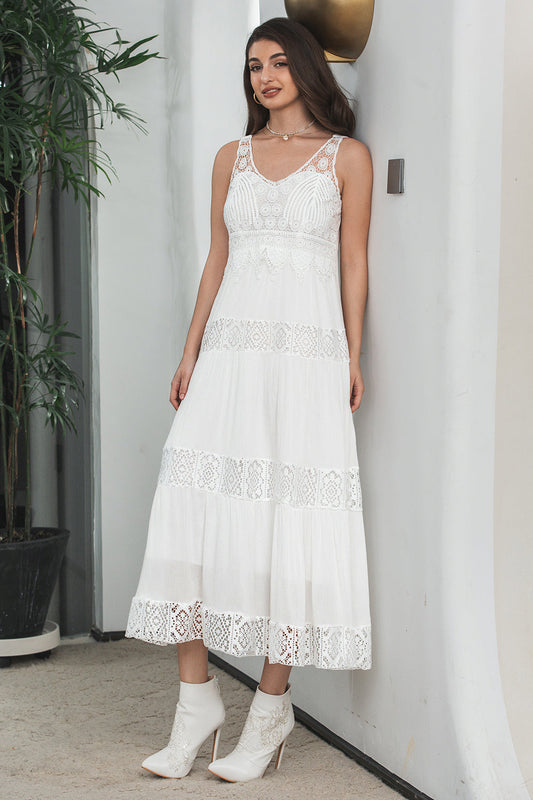 Simple Tea-length Lace White Sleeveless Boho Beach Holiday Dress