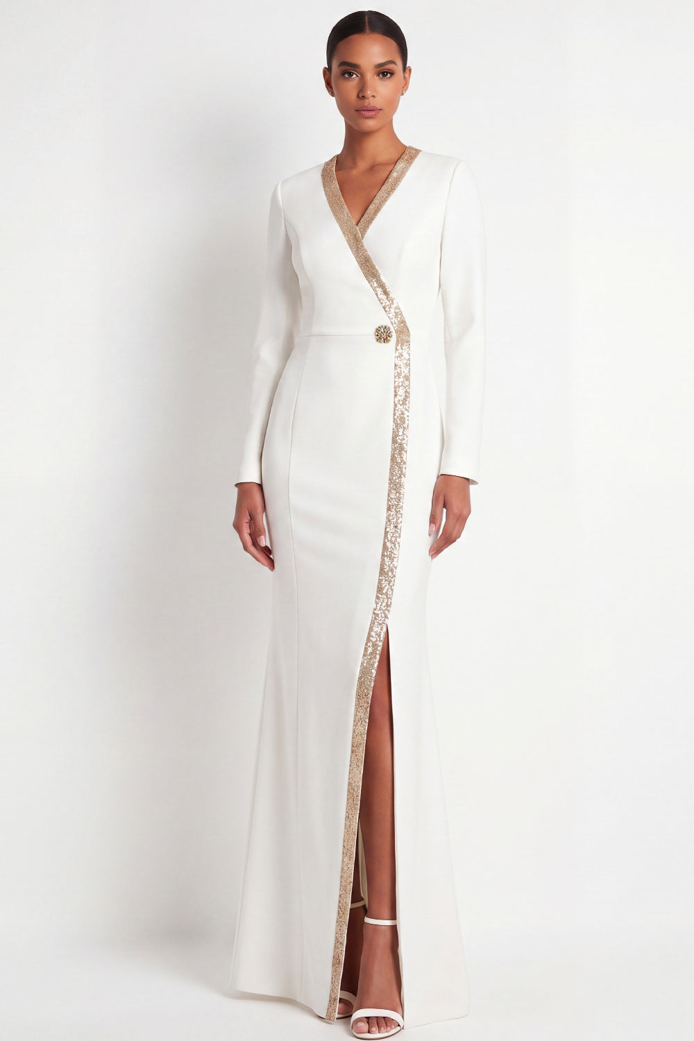 Sparkly Mermaid Beige V-Neck Long Formal Dress with Slit