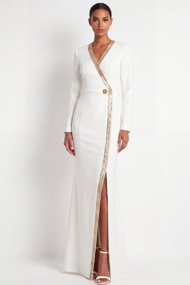 Sparkly Mermaid Beige V-Neck Long Formal Dress with Slit