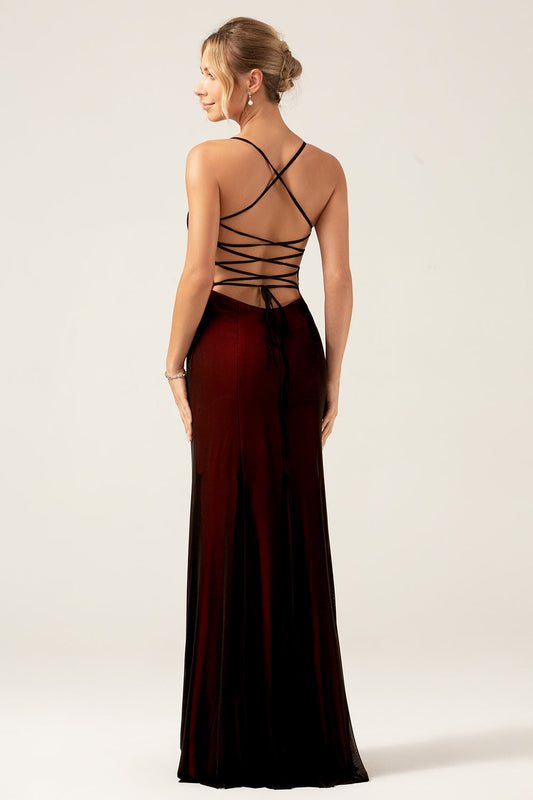 Sheath Black Red Bridesmaid Dress with Lace-up Back