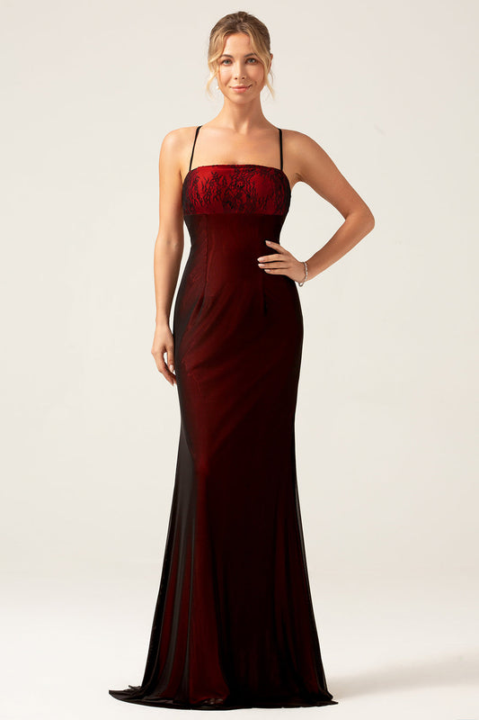 Sheath Black Red Bridesmaid Dress with Lace-up Back