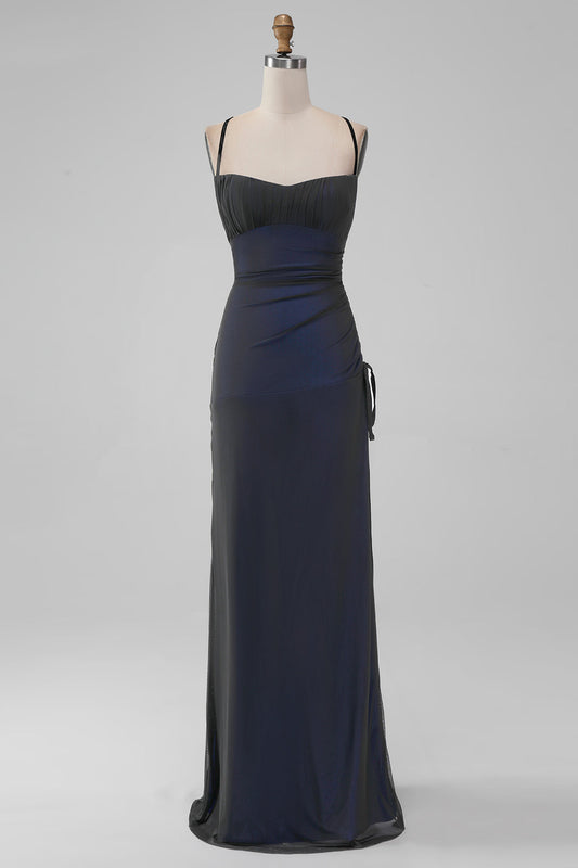 Simple Black Blue Mermaid Long Bridesmaid Dress with Slit Spaghetti Straps Pleated Long Formal Dress