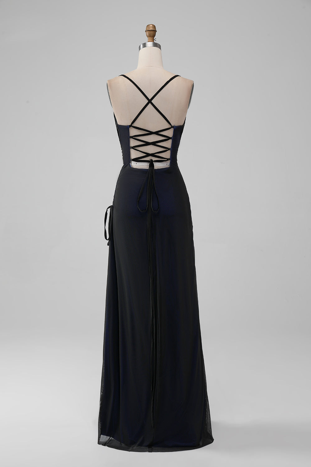 Sheath Spaghetti Straps Black Blue Floor Length Bridesmaid Dress