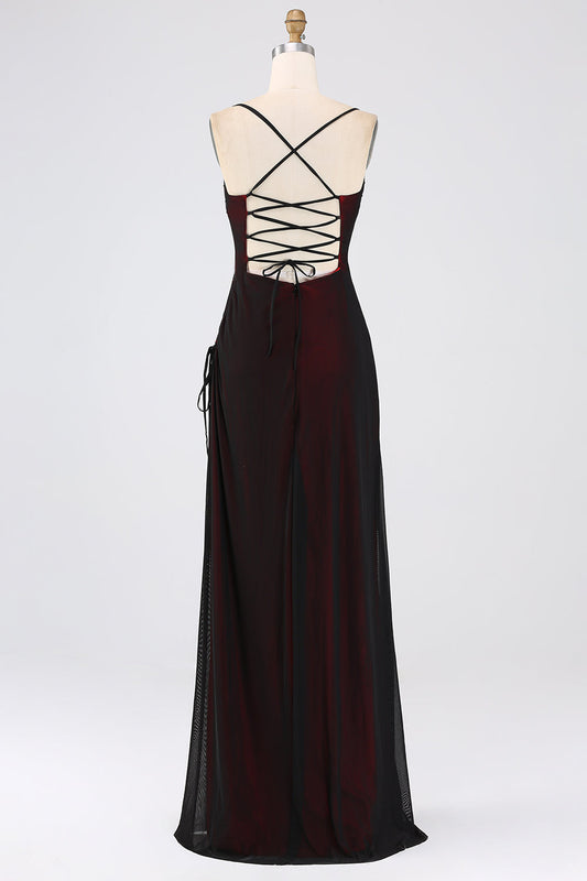 Sheath Spaghetti Straps Black Red Floor Length Bridesmaid Dress