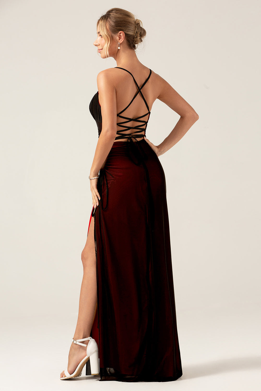 Zapakasa Women Sheath Spaghetti Straps Black Red Floor Length Bridesmaid Dress with Lace-up Back Zapakasa Women Sheath Spaghetti Straps Black Red Floor Length Bridesmaid Dress with Lace-up Back