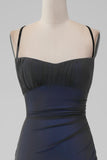 Black Red Spaghetti Straps Mermaid Pleated Long Bridesmaid Dress with Slit